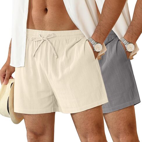 Neer 2 Pack Men's Linen Shorts Cotton L-5XL Big and Tall Regular Casual Lightweight Drawstring Summer Shorts with Pockets in Saudi Arabia
