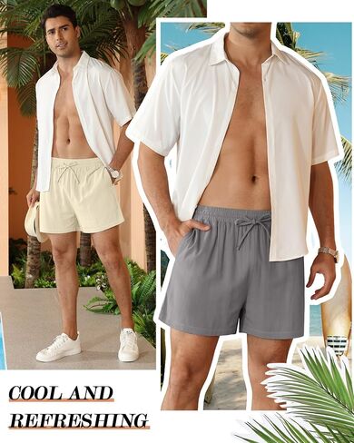 Neer 2 Pack Men's Linen Shorts Cotton L-5XL Big and Tall Regular Casual Lightweight Drawstring Summer Shorts with Pockets in Saudi Arabia