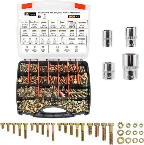 1000PCS Grade 8 Bolt Assortment Kit, Heavy Duty Bolts and Nuts Kit, 1/4-20 5/16-18 3/8-16 1/2-13 SAE Grade 8 Alloy Steel Hex Cap Screws Nuts Washers, Comes with 4 Bits（Yellow Zinc Plated） in Saudi Arabia