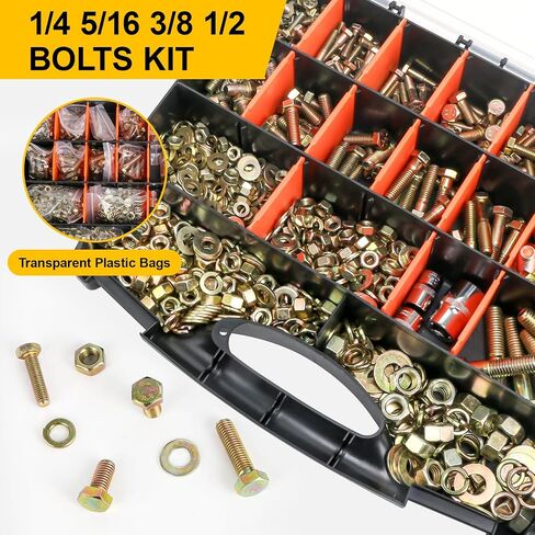 1000PCS Grade 8 Bolt Assortment Kit, Heavy Duty Bolts and Nuts Kit, 1/4-20 5/16-18 3/8-16 1/2-13 SAE Grade 8 Alloy Steel Hex Cap Screws Nuts Washers, Comes with 4 Bits（Yellow Zinc Plated） in Saudi Arabia