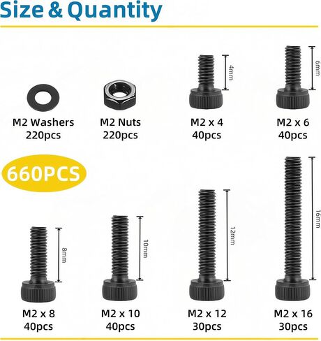 660 PCS M2 مسامير مجموعة تشويش ، M2x4mm/6mm/8mm/10mm/12mm/16mm ، مسامير رأس مقبس hex hex غسولات المكسرات مع وجع ، مطلي بالزنك الأسود المطلي in Kuwait