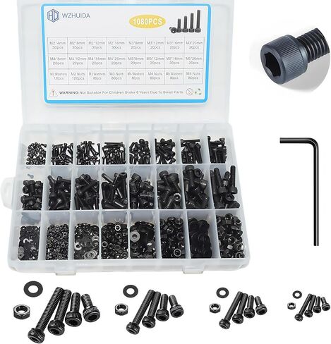 660 PCS M2 مسامير مجموعة تشويش ، M2x4mm/6mm/8mm/10mm/12mm/16mm ، مسامير رأس مقبس hex hex غسولات المكسرات مع وجع ، مطلي بالزنك الأسود المطلي in Kuwait