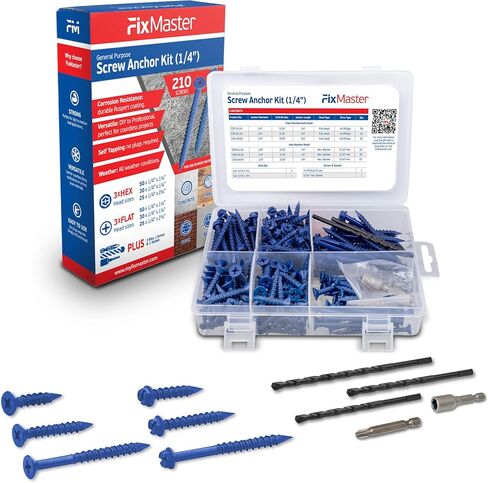 Blue Multi Purpose Blue Concrete Screw Mix Kit - 240 pcs (3/16x1-1/4, 3/16x1-3/4 & 1/4x1-1/4 w/ 2 Sockets & 3 Drill Bits - Use in Concrete, Masonry, Wood & Brick in Saudi Arabia