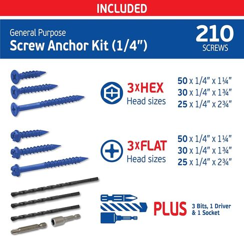 Blue Multi Purpose Blue Concrete Screw Mix Kit - 240 pcs (3/16x1-1/4, 3/16x1-3/4 & 1/4x1-1/4 w/ 2 Sockets & 3 Drill Bits - Use in Concrete, Masonry, Wood & Brick in Saudi Arabia