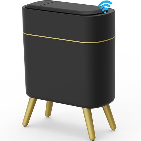 Yatmung Bathroom Trash Can Automatic Touchless Modern Smart Trash Bin - Narrow Waste Basket for Bedroom, Laundry Room, Office, Plastic - Motion Sensor Garbage Can with Lid - Black with Gold Edge in Saudi Arabia