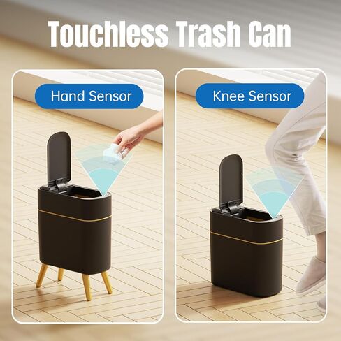 Yatmung Bathroom Trash Can Automatic Touchless Modern Smart Trash Bin - Narrow Waste Basket for Bedroom, Laundry Room, Office, Plastic - Motion Sensor Garbage Can with Lid - Black with Gold Edge in Saudi Arabia