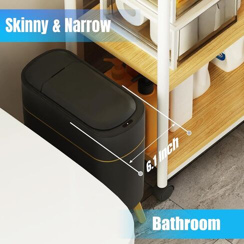 Yatmung Bathroom Trash Can Automatic Touchless Modern Smart Trash Bin - Narrow Waste Basket for Bedroom, Laundry Room, Office, Plastic - Motion Sensor Garbage Can with Lid - Black with Gold Edge in Saudi Arabia