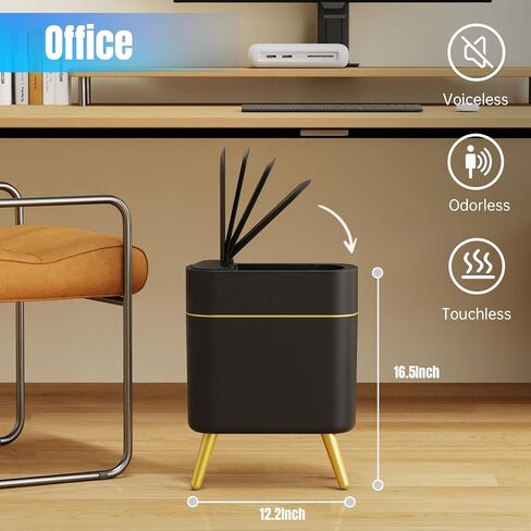 Yatmung Bathroom Trash Can Automatic Touchless Modern Smart Trash Bin - Narrow Waste Basket for Bedroom, Laundry Room, Office, Plastic - Motion Sensor Garbage Can with Lid - Black with Gold Edge in Saudi Arabia