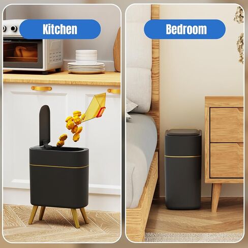 Yatmung Bathroom Trash Can Automatic Touchless Modern Smart Trash Bin - Narrow Waste Basket for Bedroom, Laundry Room, Office, Plastic - Motion Sensor Garbage Can with Lid - Black with Gold Edge in Saudi Arabia
