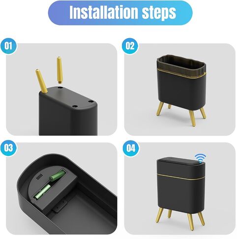 Yatmung Bathroom Trash Can Automatic Touchless Modern Smart Trash Bin - Narrow Waste Basket for Bedroom, Laundry Room, Office, Plastic - Motion Sensor Garbage Can with Lid - Black with Gold Edge in Saudi Arabia