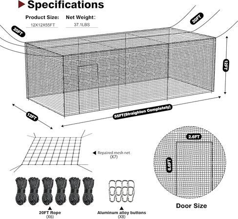 Netting Cage Batting Baseball - 35'l/55'l/70'l 1.75 "شبكة قفص قفص فقط للشبكة المهنية المغلقة بالكامل مع الباب ، بدون إطار in Kuwait