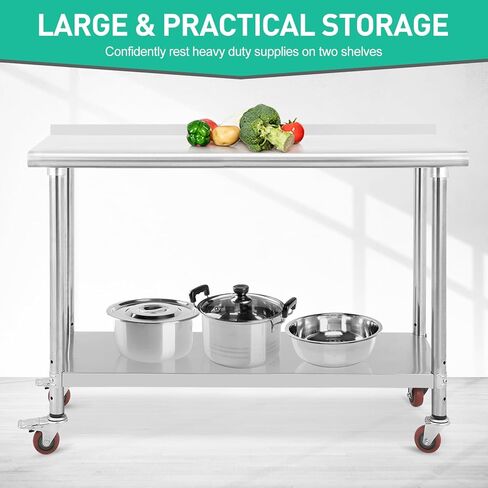 طاولة عمل من الفولاذ المقاوم للصدأ 48x24x35 بوصة - طبقة مزدوجة مع باكسبلاش ، والأرجل الثابتة ، و NSF شاقة للمطبخ والاستخدام التجاري in Kuwait