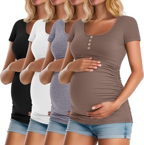 RIYIPER 4 PACK قمصان الأمومة النسائية ، Henley Scoop Neck Teee Tops Tops Short Sister Side Ruched Mama clothes in Saudi Arabia