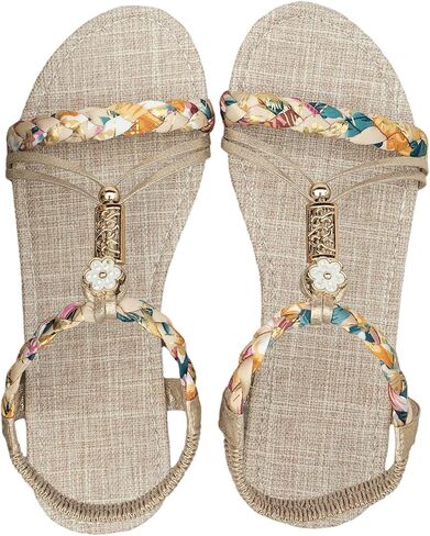SweatyRocks Women's Floral Print Braided Flat Sandals Open Toe Ankle Strap Boho Vacation Sandals in Saudi Arabia