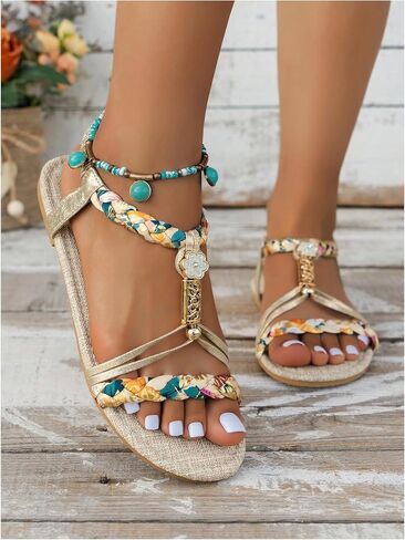 SweatyRocks Women's Floral Print Braided Flat Sandals Open Toe Ankle Strap Boho Vacation Sandals in Saudi Arabia