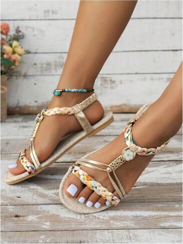 SweatyRocks Women's Floral Print Braided Flat Sandals Open Toe Ankle Strap Boho Vacation Sandals in Saudi Arabia