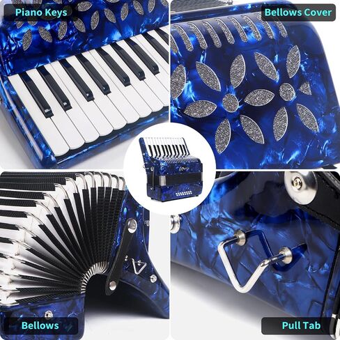 25 Keys Accordion, 16 Bass Student Piano Accordion Acordeón Acordeones Para Adultos for Beginner and Adults, Lightweight Portable with Adjustable Straps, Cleaning Cloth, Gloves, and Carrying Bag(Blue) in Saudi Arabia