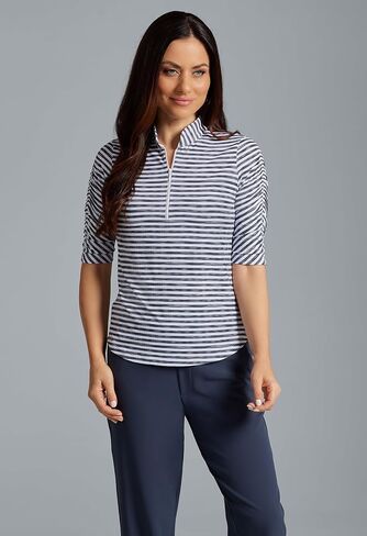 IBKUL Athleisure Wear Sun Protective UPF 50+ Icefil Cooling-Landon Stripe II Print Ruched Elbow Sleeve Top-41164 in Saudi Arabia