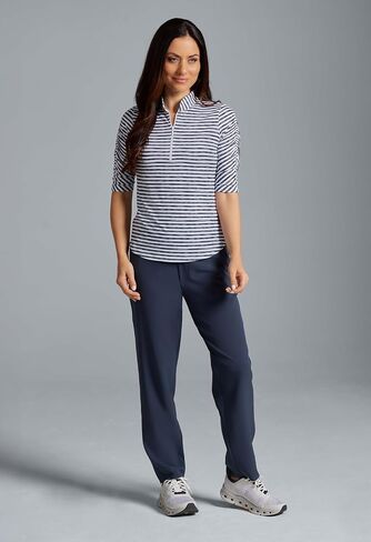 IBKUL Athleisure Wear Sun Protective UPF 50+ Icefil Cooling-Landon Stripe II Print Ruched Elbow Sleeve Top-41164 in Saudi Arabia