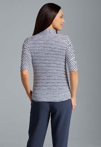 IBKUL Athleisure Wear Sun Protective UPF 50+ Icefil Cooling-Landon Stripe II Print Ruched Elbow Sleeve Top-41164 in Saudi Arabia