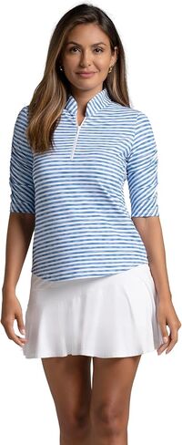 IBKUL Athleisure Wear Sun Protective UPF 50+ Icefil Cooling-Landon Stripe II Print Ruched Elbow Sleeve Top-41164 in Saudi Arabia