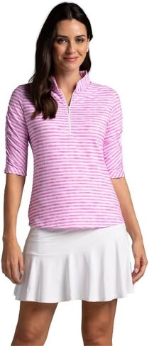 IBKUL Athleisure Wear Sun Protective UPF 50+ Icefil Cooling-Landon Stripe II Print Ruched Elbow Sleeve Top-41164 in Saudi Arabia
