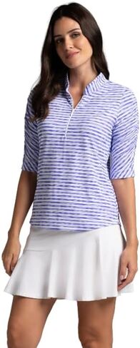 Ibkul athleisure ارتداء أشعة الشمس upf 50+ Icefil Cooling-Landon Stripe II Print Ruched elbow cleeve top-41164 in Kuwait