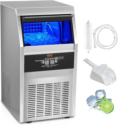 VEVOR 160lbs/24H Commercial Ice Maker, 55 Ice Cubes in 15 Minutes, Freestanding Ice Maker Machine with 33lbs Large Storage Capacity for Bar Office Restaurant, with LED Digital Display & Self-Cleaning in Saudi Arabia