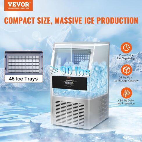 VEVOR 160lbs/24H Commercial Ice Maker, 55 Ice Cubes in 15 Minutes, Freestanding Ice Maker Machine with 33lbs Large Storage Capacity for Bar Office Restaurant, with LED Digital Display & Self-Cleaning in Saudi Arabia