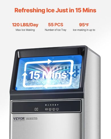 VEVOR 160lbs/24H Commercial Ice Maker, 55 Ice Cubes in 15 Minutes, Freestanding Ice Maker Machine with 33lbs Large Storage Capacity for Bar Office Restaurant, with LED Digital Display & Self-Cleaning in Saudi Arabia