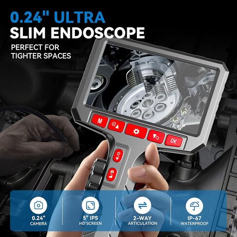 Dual-Directional Borescope with Light, 5-inch HD Endoscope Camera, 0.24-inch Ultra-Slim Articulating Probe, 5ft Flexible Metal Tube for Automotive, Plumbing, HVAC Inspections in Kuwait