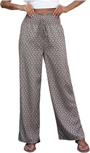 Women's Wide Leg Pants Flowy Drape Ruffle Drawstring High Waist Palazzo Pants Loose Baggy Trousers with Pockets in Kuwait