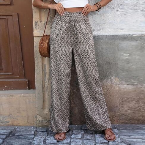 Women's Wide Leg Pants Flowy Drape Ruffle Drawstring High Waist Palazzo Pants Loose Baggy Trousers with Pockets in Kuwait