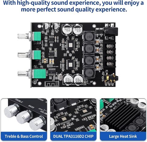 ZK-1002T RPO 2.0 Channel Bluetooth 5.0 Amplifier Board 200W AMP | HiFi Subwoofer Audio AMPs with Treble and Bass, BT USB and AUX Inputs, DC 12-24V 2.0 Channel Stereo AMP Module for DIY in Kuwait