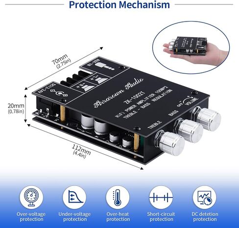 ZK-1002T RPO 2.0 Channel Bluetooth 5.0 Amplifier Board 200W AMP | HiFi Subwoofer Audio AMPs with Treble and Bass, BT USB and AUX Inputs, DC 12-24V 2.0 Channel Stereo AMP Module for DIY in Kuwait