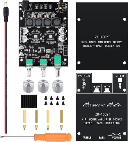 ZK-1002T RPO 2.0 Channel Bluetooth 5.0 Amplifier Board 200W AMP | HiFi Subwoofer Audio AMPs with Treble and Bass, BT USB and AUX Inputs, DC 12-24V 2.0 Channel Stereo AMP Module for DIY in Kuwait