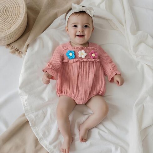 Newborn Baby Girl Smocked Bubble Romper Cute Boho Summer Clothes Ruffle Sleeveless Crochet Flower Vintage Bodysuit in Saudi Arabia