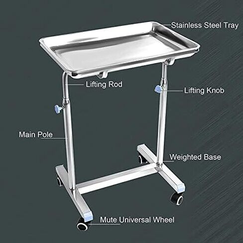 Stainless Steel Mobile Mayo Tray with Adjustable Height, Removable Instrument Tray & Wheels - Perfect for Doctors, Tattoo Artists, Spas & Salons Equipment in Saudi Arabia