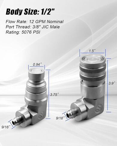 90 Degree Elbow Kit, 1/2" Flat Face Skid Steer Hydraulic Quick Connect Coupler Set, 1/2" Body Size x 3/8" JIC Male Thread Coupling Fitting with Dust Cap in Saudi Arabia