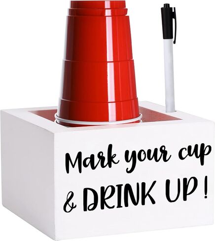 Single Cup Holder with Marker Slot Wooden Mark Your Cup and Drink Up Cup Holder Party Cup Organizer 2 Sides Designs Drink Dispensers for Parties Farmhouse Bar Party Decor Housewarming Hostess in Saudi Arabia