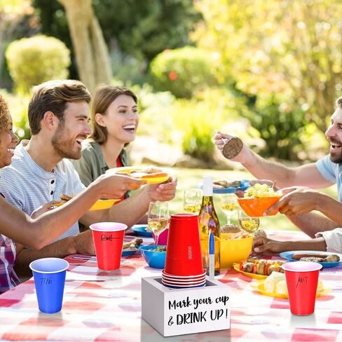 Single Cup Holder with Marker Slot Wooden Mark Your Cup and Drink Up Cup Holder Party Cup Organizer 2 Sides Designs Drink Dispensers for Parties Farmhouse Bar Party Decor Housewarming Hostess in Saudi Arabia