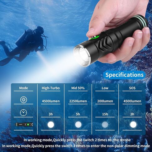 Diving Light is Suitable for Outdoor Scuba Diving, 4000lm Bright Diving Flashlight, 4 Modes of Underwater Lights, IPX8 Waterproof Flashlight in Saudi Arabia