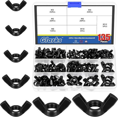 Glarks 135Pcs M3 M4 M5 M6 M8 M10 M12 Black Wing Nuts Assortment Kit, 7 Sizes High Strength Carbon Steel Butterfly Nuts, Metric Wing Bolt Fasteners, Hand Twist Tighten Ear Wing Nuts in Saudi Arabia