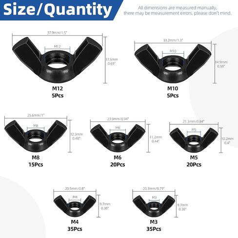 Glarks 135Pcs M3 M4 M5 M6 M8 M10 M12 Black Wing Nuts Assortment Kit, 7 Sizes High Strength Carbon Steel Butterfly Nuts, Metric Wing Bolt Fasteners, Hand Twist Tighten Ear Wing Nuts in Saudi Arabia