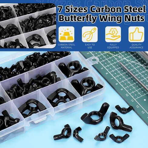 Glarks 135Pcs M3 M4 M5 M6 M8 M10 M12 Black Wing Nuts Assortment Kit, 7 Sizes High Strength Carbon Steel Butterfly Nuts, Metric Wing Bolt Fasteners, Hand Twist Tighten Ear Wing Nuts in Saudi Arabia