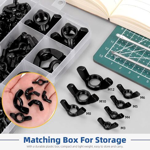 Glarks 135Pcs M3 M4 M5 M6 M8 M10 M12 Black Wing Nuts Assortment Kit, 7 Sizes High Strength Carbon Steel Butterfly Nuts, Metric Wing Bolt Fasteners, Hand Twist Tighten Ear Wing Nuts in Saudi Arabia