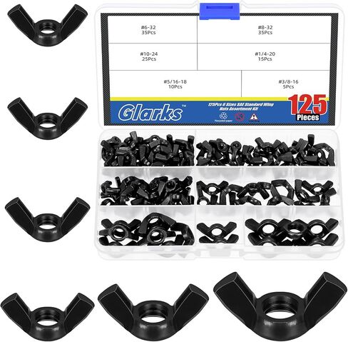 Glarks 135Pcs M3 M4 M5 M6 M8 M10 M12 Black Wing Nuts Assortment Kit, 7 Sizes High Strength Carbon Steel Butterfly Nuts, Metric Wing Bolt Fasteners, Hand Twist Tighten Ear Wing Nuts in Saudi Arabia