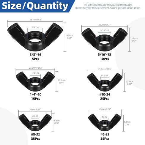 Glarks 135Pcs M3 M4 M5 M6 M8 M10 M12 Black Wing Nuts Assortment Kit, 7 Sizes High Strength Carbon Steel Butterfly Nuts, Metric Wing Bolt Fasteners, Hand Twist Tighten Ear Wing Nuts in Saudi Arabia