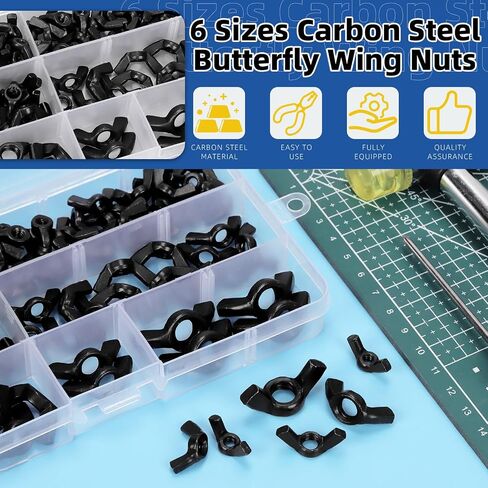 Glarks 135Pcs M3 M4 M5 M6 M8 M10 M12 Black Wing Nuts Assortment Kit, 7 Sizes High Strength Carbon Steel Butterfly Nuts, Metric Wing Bolt Fasteners, Hand Twist Tighten Ear Wing Nuts in Saudi Arabia