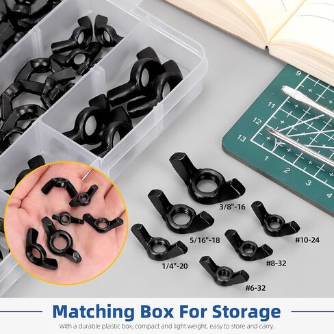 Glarks 135Pcs M3 M4 M5 M6 M8 M10 M12 Black Wing Nuts Assortment Kit, 7 Sizes High Strength Carbon Steel Butterfly Nuts, Metric Wing Bolt Fasteners, Hand Twist Tighten Ear Wing Nuts in Saudi Arabia